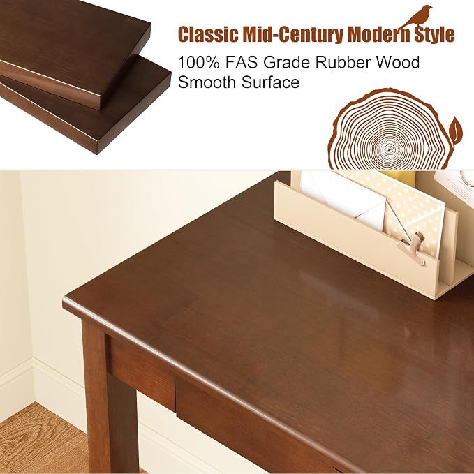 Solid Wood Desk with Drawers - 47 x 16 Inch Vintage Narrow Desks, Mid Century Modern Desks, Rubber Wood Study Table, Small Writing Desk for Bedroom|Small Spaces - Walnut Color