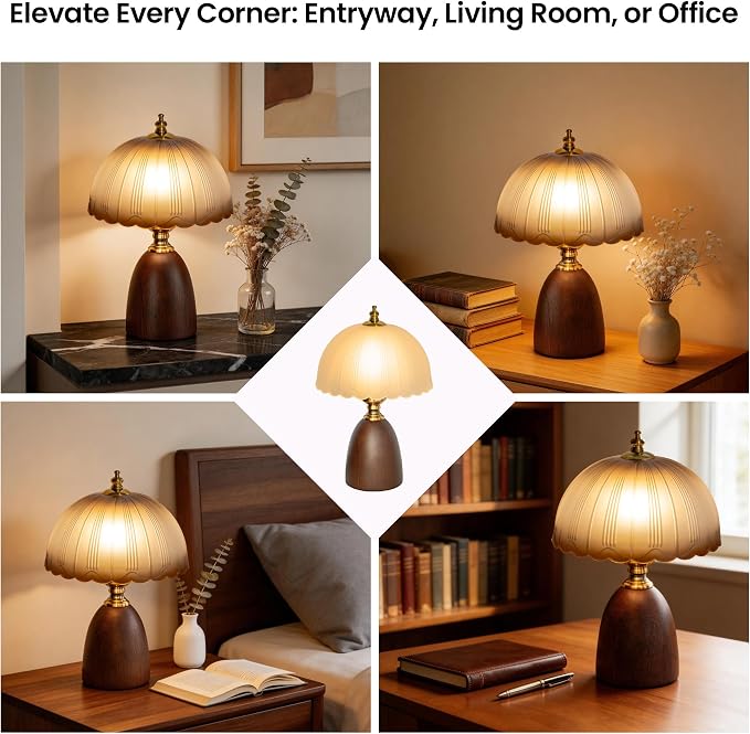13“ Mid-Century Modern Amber Small Table Lamp, Vintage Scalloped Gradient Glass Bedside Lamp for Bedroom Living Room, Solid Walnut Wood Style Base 3-Color Dimmable LED, Aesthetic Decor Gift