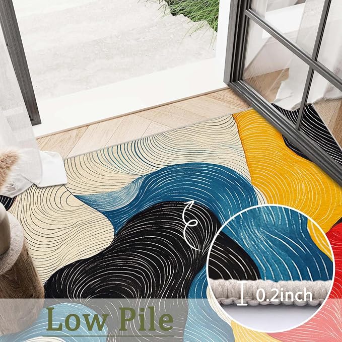 8x10 Colorful Area Rug Modern Abstract Black White Blue Beige Red Yellow Bedroom Rug Soft Low Pile Thin Large Carpet Living Room Non Slip Dining Room Stain Resistant Office Washable Machine