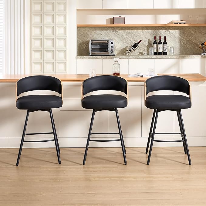 Swivel Bar Stools Set of 3, 26" Counter Height Bentwood Barstool, Upholstered Faux Leather Barstools with Walnut Back, Mid Century Modern Bar Chairs for Kitchen Island, Bar