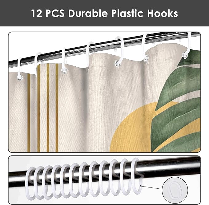 Mid Century Abstract Boho Aesthetic Shower Curtain Set, Green Nature Leaf Sun Modern Minimalist Home Bathroom Curtain Decor with 12 Hooks 72 Inch Wide * 84 Inch High
