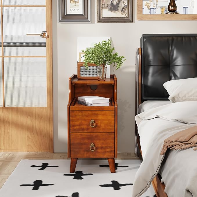 2-Set Solid Hardwood End Table with 2 Drawers, Traditional Beside Table with Pull-Out Coffee Tray, Modern Vintage Sofa Chair Side Table Nightstand for Living Room Bedroom, Cherry Brown Accent Table