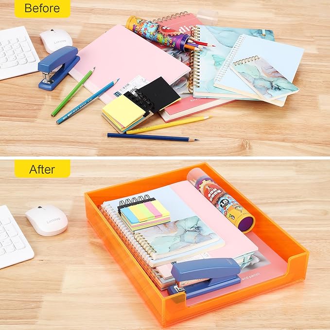 Paper Tray Acrylic File Organizer for Desk Letter Tray Desk Organizer Document Holder Sorter Storage for A4 Office Supplies Magazines, 13.8x10.6x2.4 Inches, Neon Orange