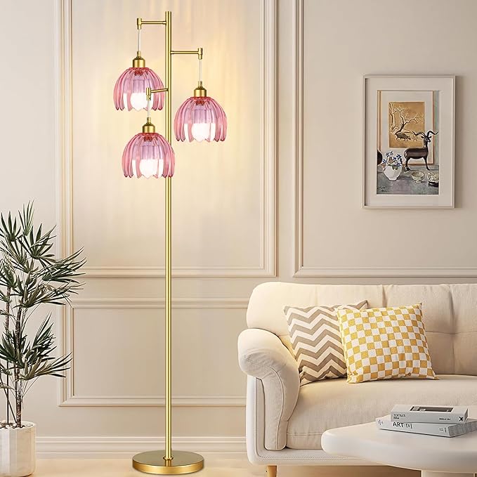 AHDWDW Gold Floor Lamp for Living Room Bedroom,3 Lights Vintage Tree Floor Lamps with Pink Glass Flower Shade,Mid Century Modern Floor Lamp for Corner Office,68IN Unique Tall Standing Lamp with Bulb