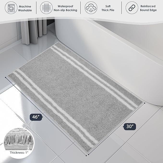 PURRUGS Bathroom Rug Non-Slip Machine Washable 30" x 46", Super Absorbent and Quick Dry Shaggy Microfiber Bath Mat, Extra Soft and Plush Bath Rug for Bathtub, Shower, and Sink, Light Grey