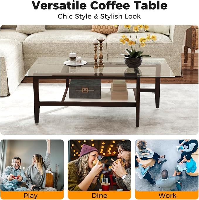 Tangkula Glass Coffee Table, 42” 2-Tier Rectangular Center Table with Storage Shelf & Solid Rubber Wood Legs, Modern Cocktail Table for Living Room, Home Office (Brown, 42" x 23.5")