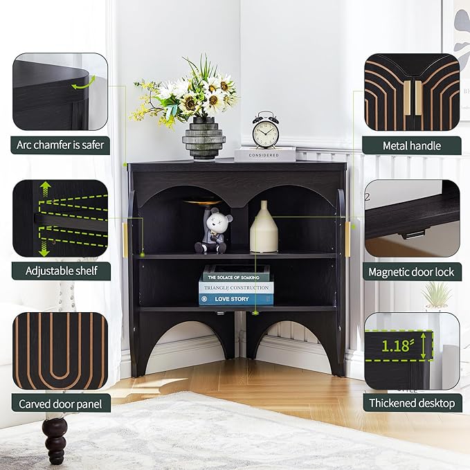 Small Corner Storage Cabinet, Mid Century Modern Floor Corner Cabinet with Curved Doors and Adjustable Shelves,Freestanding Narrow Storage Organizer for Bathroom, Living Room (Black)