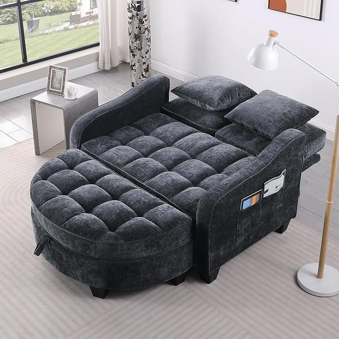 Oversized Curved Chaise Lounge Chair Indoor with Ottoman, 54.8" Cloud Boneless Reading Chair Soft Chenille Circle Couch w/Adjustable Backrest for Living Room, Apartroom, Bedroom, Black