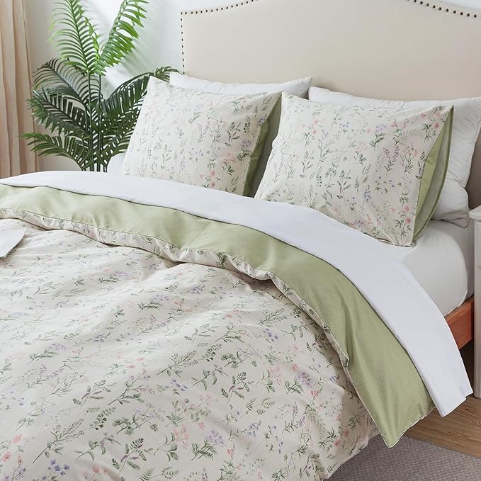 HoneiLife Floral Duvet Cover Queen - 100% Cotton Comforter Cover, Botanical Bedlinen Set for Queen Beds, 3-Piece Wildflower Comforter Cover Sets