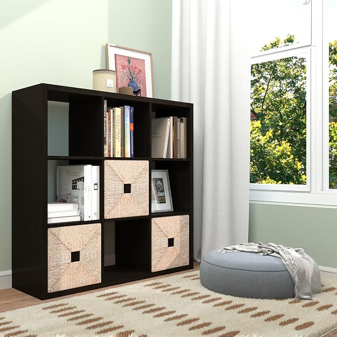 [2026 Wooden Thick Frame 9 Cube Storage Organizer Shelf with Anti-Tipping Kits + Reversible Open Back Bookcase, Horizontal and Vertical Dual-use(Chocolate,11inch)