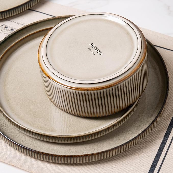 MONITO Ceramic Dinnerware Sets for 4, 12PCS Stoneware Plates and Bowls Sets, Reactive Glaze Dish Set, Chip and Scratch Resistant Double, Microwave and Dishwasher Safe, Brown