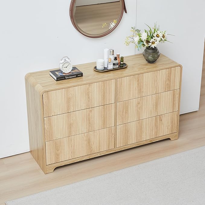 Fluted 6 Drawers Dresser for Bedroom, 53" Wide Mid Century Modern Chest of Drawer with Curved Profile Design, Large Double Wood Dresser for Living Room