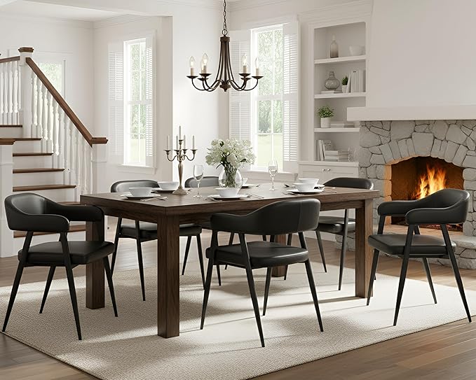 HNY Modern Dining Room Arm Chairs Set of 6, Retro Faux Leather Upholstered Barrel Dining Chairs with Arms Mid-Century Black Accent Chair with Metal Legs, Open-Back Kitchen Side Chair for Living Room