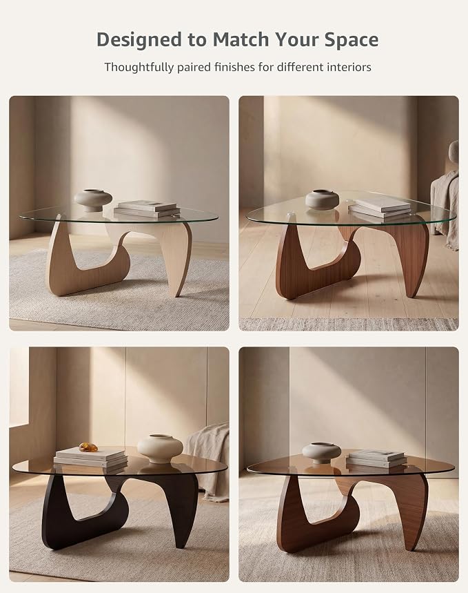 Glass Coffee Table for Living Room, 35.82" Small Triangle Coffee Table with Clear Glass Top and Sculptural MDF Wood Base, Mid Century Modern Center Table for Apartment, Sofa, Small Space