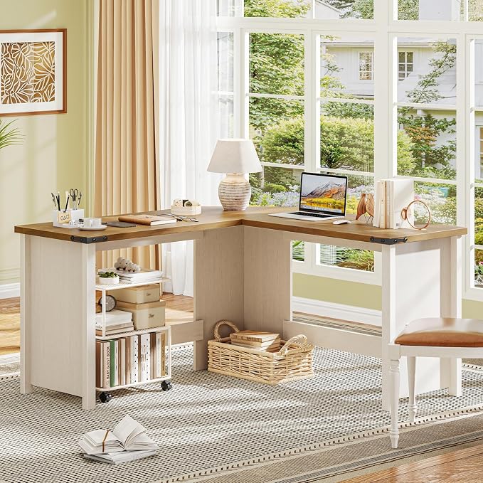 Vabches Farmhouse 50.39" L Shaped Executive Desk, Wood Corner Computer Desk for Home Office Work and Study, Sturdy Writing Workstation, Unique White