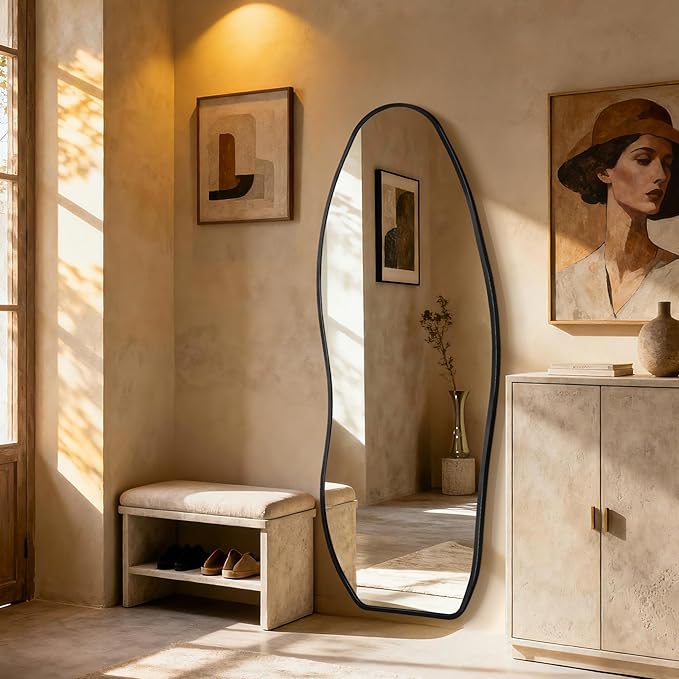 Mirror Full Length - Irregular Full Body Mirror Standing or Leaning or Wall Hanging 63"x 24" Asymmetrical Aviation Aluminum Alloy Frame Unique for Bedroom, Living Room, Cloakroom, Entryway