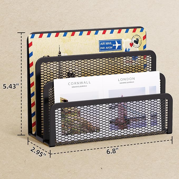 Marbrasse Mail Organizer for Desk, 3-Slot Mesh Metal Mail Holder countertop, Letter Holder, Office Desktop Envelope and Document Storage Rack (Black)