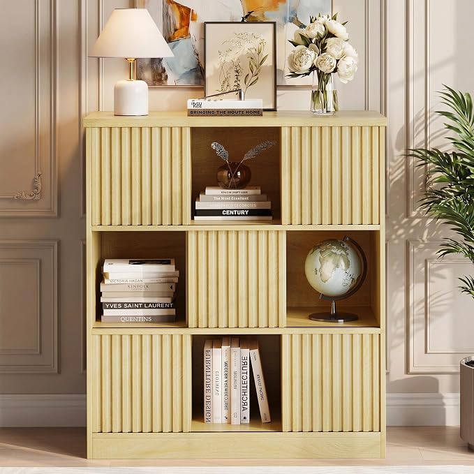 Einhomn Cube Storage Organizer with Sliding Doors, Wooden Bookshelf Storage Cabinet, 9 Cube Bookcase Organizer for Living Room Bedroom Office, Natural