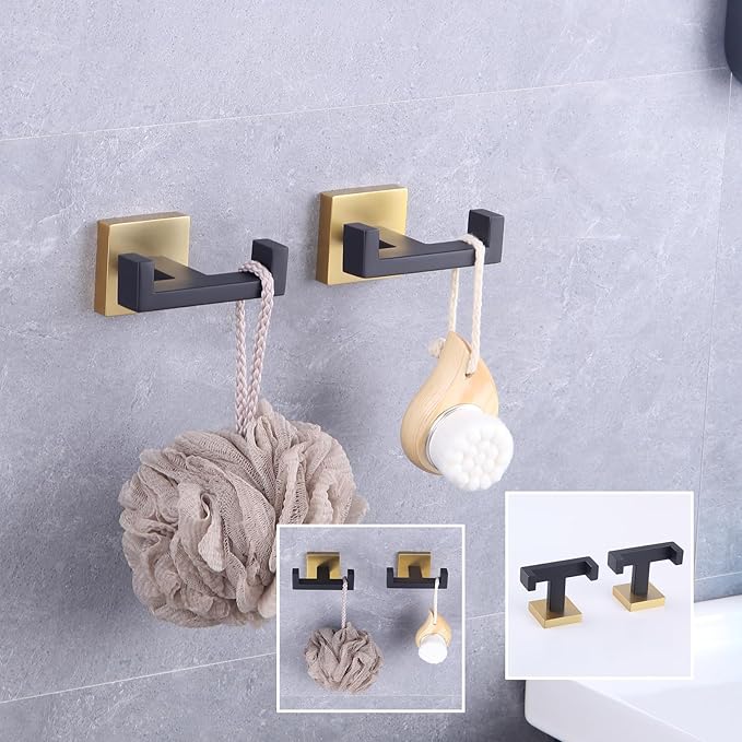 GERZWY Bathroom Hooks, Double Towel Robe/Coat Clothes Hook Stainless Steel Hanger Wall Hooks Heavy Duty for Bath Wall Mounted 2 Pack (Black & Gold) AG1417B-BD