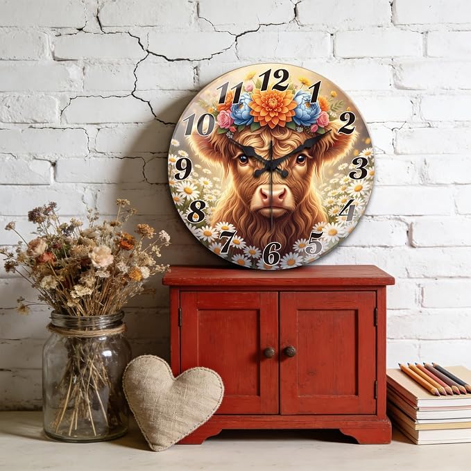 peacoblue Wall Clocks Battery Operated 12 Inch Highland Cattle with Flowers Glass Round Wall Clock Non Ticking for Kitchen Living Room Dining Room Bedroom and Bathroom Decor (Battery not Included)