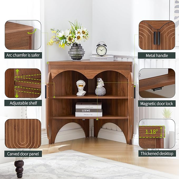 Small Corner Storage Cabinet, Mid Century Modern Floor Corner Cabinet with Curved Doors and Adjustable Shelves,Freestanding Narrow Storage Organizer for Bathroom, Living Room, Entryway(Walnut)