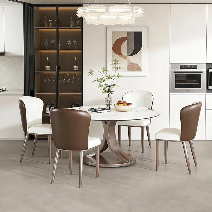 Montary 7 Piece Modern Dining Table Set of 6, Round 53" D Faux Marble Kitchen Table with Sintered Stone Top and Stainless Steel Double C Base, Dining Room Table with 6 Dining Chairs