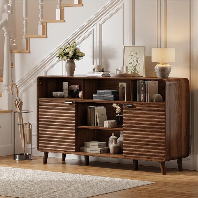 58 Inch Buffet Cabinet with Storage, Curved Buffet Sideboard w/2 Doors, Open Storage Shelf, Adjustable Shelves, Wooden Coffee Bar Cabinet for Kitchen, Living Room, Walnut