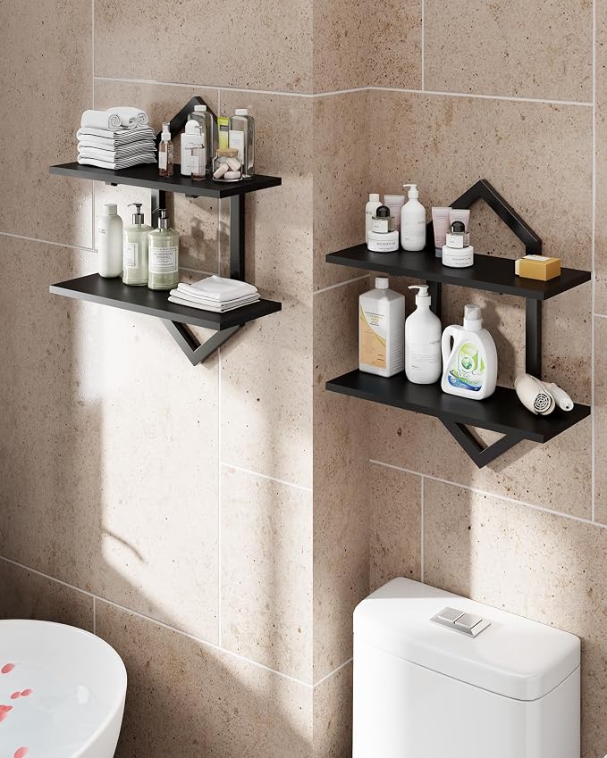 Floating Shelves, Set of 2 Wall Shelf, Wall Mounted Decorative Shelves, 2-Tier Modern Geometric Hanging Storage Shelf for Living Room, Bedroom, Kitchen, Office, Study (Black)