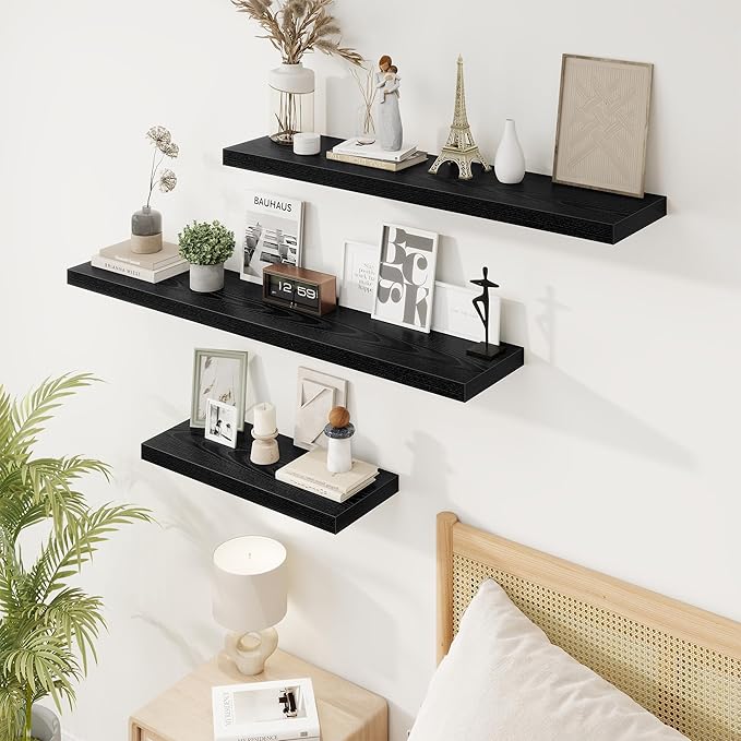 36in Floating Shelves for Wall, 36"W x 9.25"D x 1.25"H, 2 Pack Long Wall Mounted Engineered Wood Shelves with Invisible Brackets for Living Room, Bedroom, Bathroom, Kitchen Decor and Storage, Black