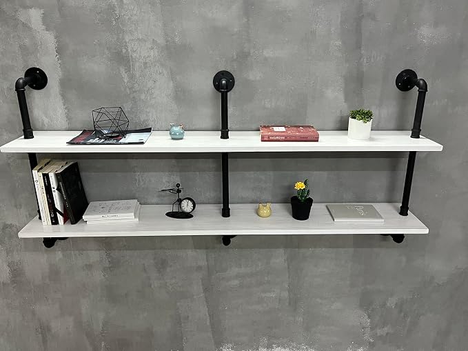 HDDFER Industrial Pipe Shelving Rustic White Pipe Wall Shelves Industrial Shelves with Wood Planks Floating Shelves 60 Inch Farmhouse Bathroom,Kitchen Shelving Wall Mounted