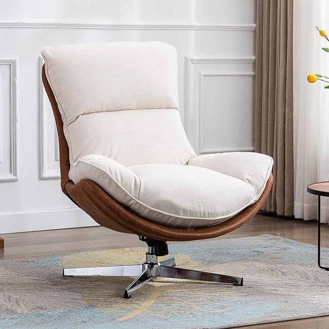 DUOMAY Swivel Accent Chair Set of 2, Modern Linen Soft Foam Lounge Chair with High Back, Comfy Rocker Chair for Living Room Bedroom Reading Room Office, Tilt & Swivel, Chrome Base, Beige
