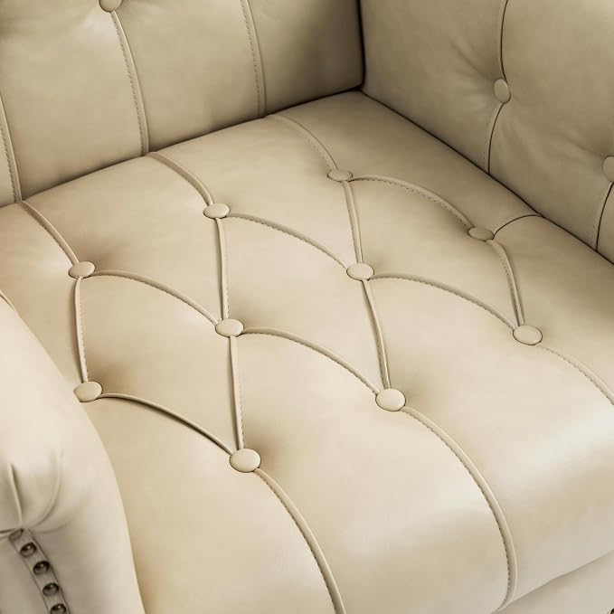 Faux Leather Accent Chair, Upholstered Armchair for Living Room, Retro Button Tufted Club Arm Chair Single Sofa Bedroom Side Reading Seating with Solid Wood Legs - Beige