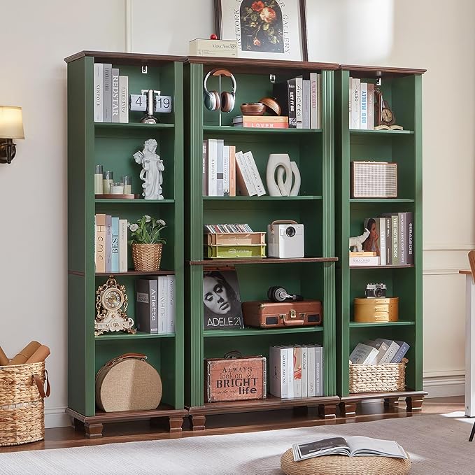 SAVOR LIFE 70" Tall Narrow Book Shelf, Wood Skinny Bookshelf with Adjustable Shelves & Wooden Legs, Farmhouse Bookcase w/5-Tier Storage, Free Standing Bookshlves for Office, Living Room, Green, 2PCS