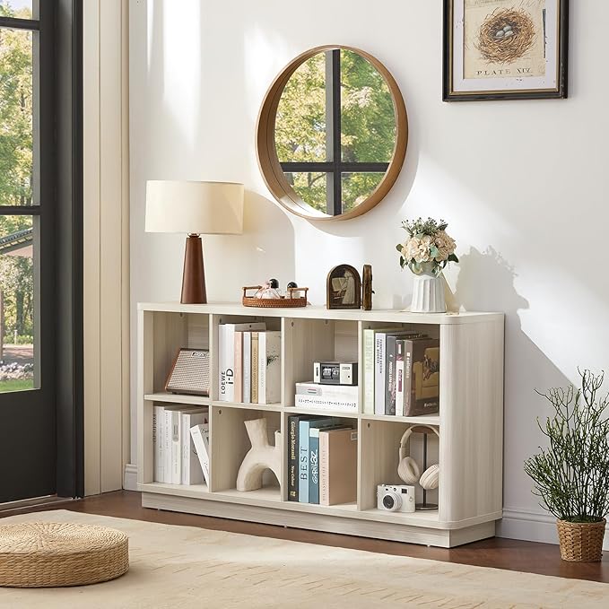 8 Cube Storage Bookcase, 52" Long Horizontal Book Shelf w/Curved Edge, Wood Low 2-Tier Cubby Console Bookshelf with Base, Modern Floor Standing TV Stand for Living Room, Grey-White Cream Oak