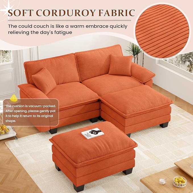Modular Sectional Sofa Cloud Couch, Comfy Corduroy Loveseat with Ottoman Upholstered Deep Seat Sleeper Sofa Bed 2 Seater Couch Oversized Chaise Lounge Chair Indoor for Living Room Bedroom, Orange