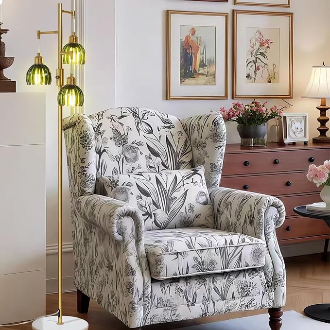 Dimmable Gold Floor Lamp,3-Light Vintage Retro Tree Floor Lamp,Farmhouse Standing Lamp with 3 Elegant Glass Green Flower lampshades for Living Room Bedroom (Brass Gold)