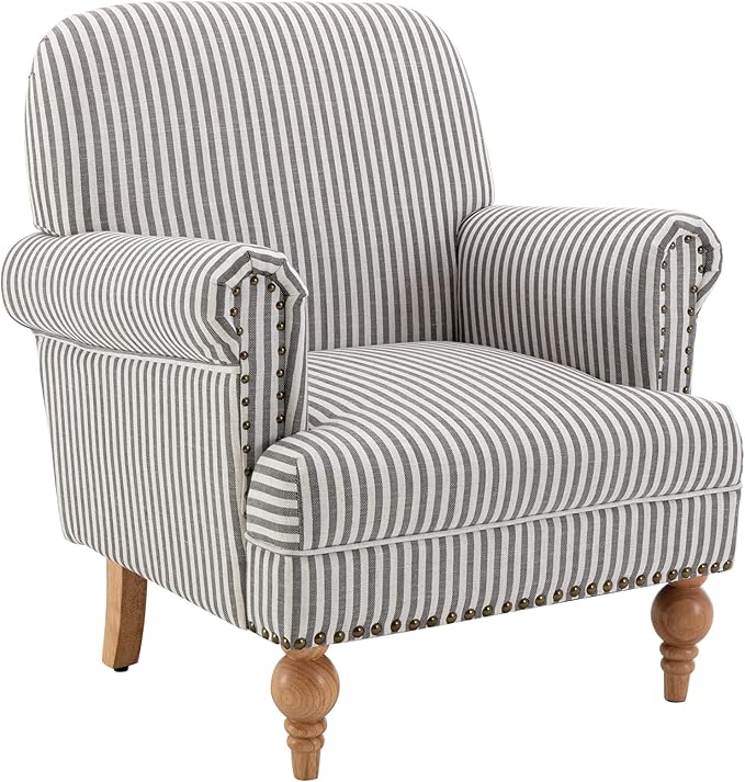 Linen Accent Chair Mid-Century Modern Living Room Armchair with Nailhead Trim & Wood Legs Comfy Upholstered Single Sofa Chair for Lounge/Bedroom/Reception, Black Stripe