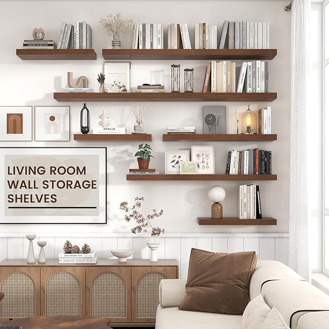Floating Shelves for Wall, Engineered Wood Wall Shelves with Invisible Brackets for Living Room Bedroom Bathroom Office Kitchen Decor and Storage (Walnut, 55" W x 9" D x 1.5" H) Set of 1