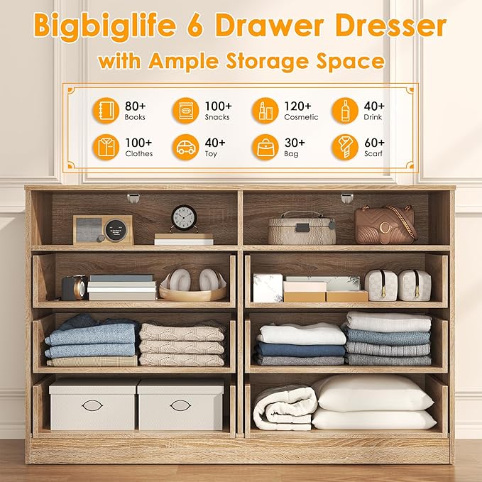 Bigbiglife 6 Drawers Dresser for Bedroom Wooden Drawer with Open Storage Cubby, Double Wide Dresser Organizer for Bedroom, Living Room, Entryway, Hallway (Light Oak)