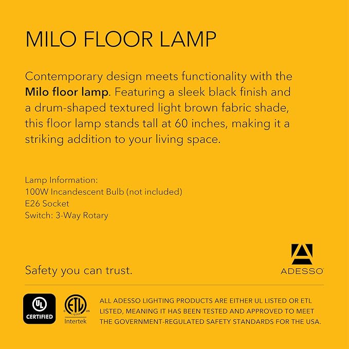 Adesso Black Lamp with Light Brown Shade – Adjustable Arm, 3-Way Switch, Accent Lighting for Bedroom, Living Room, or Home Office, 60” Tall