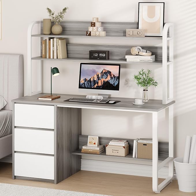 MaverickFurni Computer Desk with Hutch, 55 Inch Home Office Desk with Storage Drawers, Study Writing Desk with Shelves for Bedrrom, Adjustable Feet, Grey