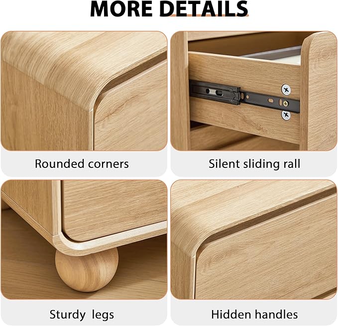 AVZEAR Modern3 Drawer Dresser for Bedroom, Curved Wooden Dresser Chest of Drawers, 3 Drawer Nightstand Closet Clothes Storage Organizer for Kids Bedroom, Living Room, Nursery, Natural