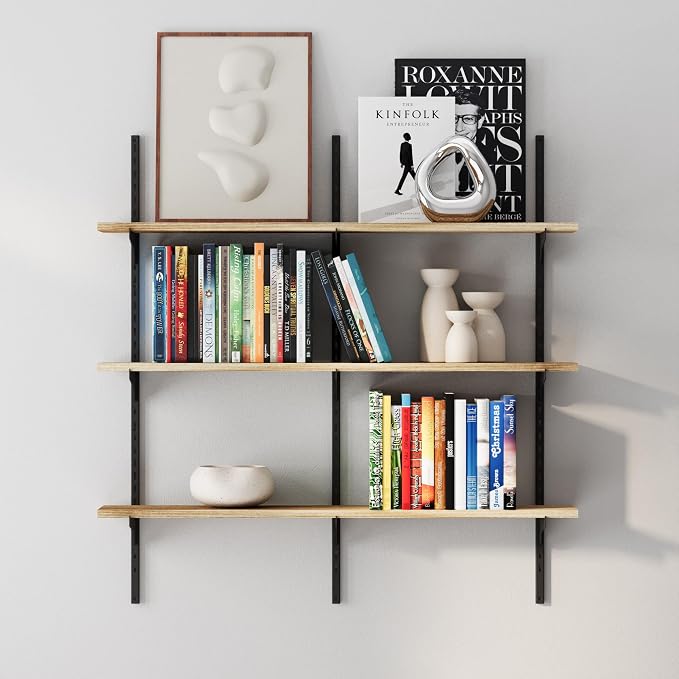Wallniture Turin 36 inch Wooden Wall Shelf Unit, Height Adjustable Wall Shelves for Display, Storage, Organization and Decor, Kitchen Organizer Shelf, Floating Bookshelves for Living Room, 3 Tier