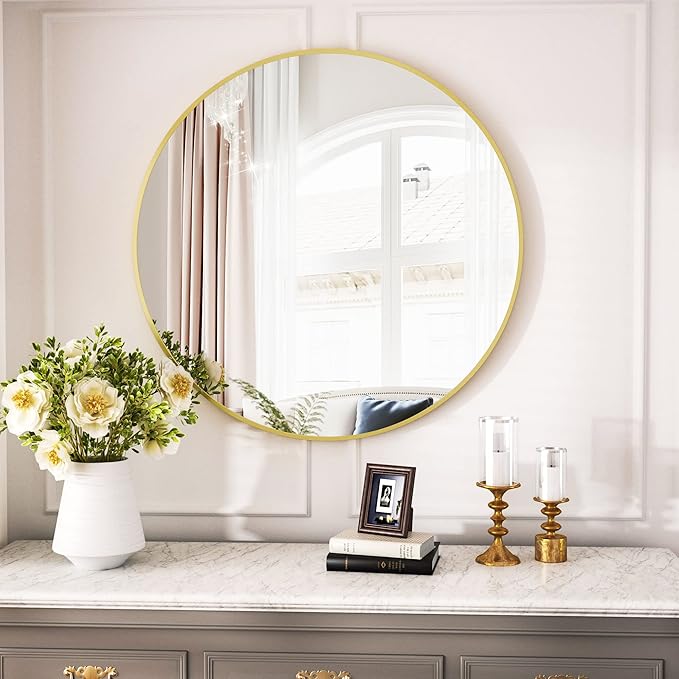 VooBang Gold Round Bathroom Mirror, 28 inch Circle Wall Mounted Hanging Mirror with Simple Modern Circular Metal Frame for Hallway, Entryway, Living Room, Gold Frame