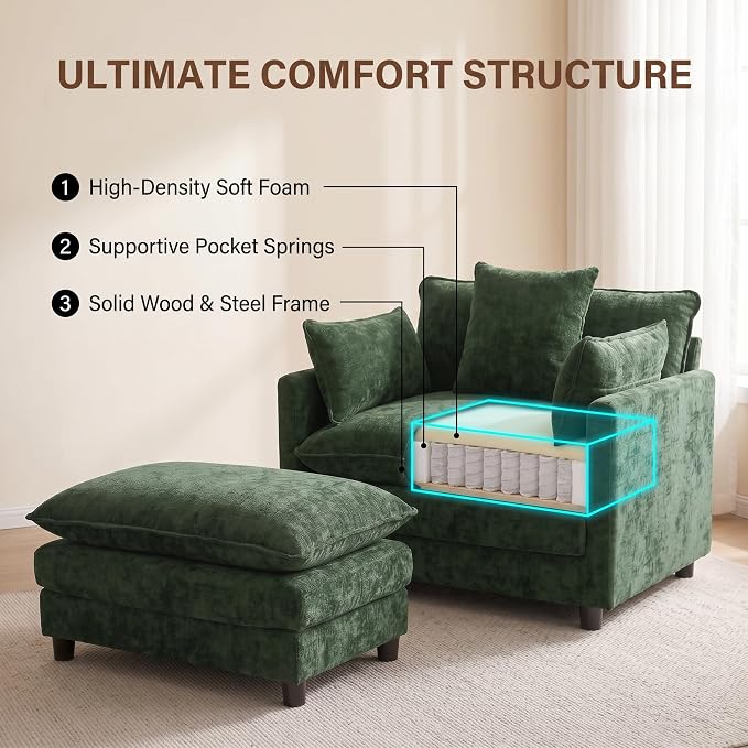 Oversized Accent Chair with Ottoman, Chenille Cloud Single Sofa Upholstered Double-Layer Seat Lounge Armchair with Pillows for Living Room Reading Apartment, Green