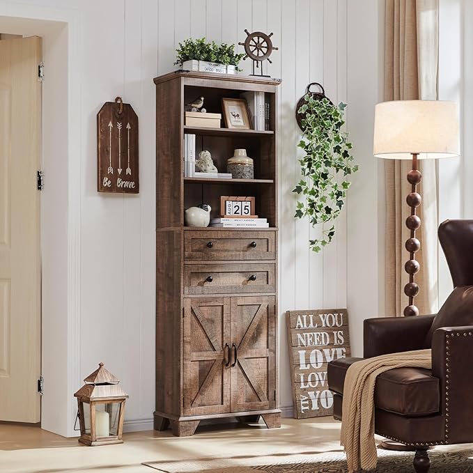 ACCOHOHO Farmhouse Bathroom Cabinet, 72" Tall Storage Cabinet with 2 Drawers, Adjustable Shelves & Barn Door, Cabinets for Bathroom, Living Room, Kitchen, Rustic Brown