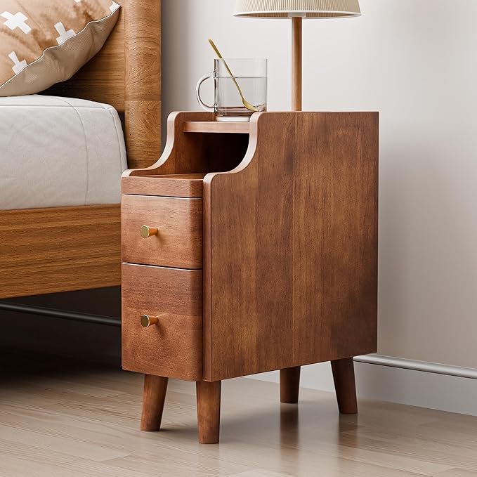 Narrow Nightstand Set of 2, 19.7" H Pre-Assembled Solid Wood Small Skinny Night Stand with Drawers, Open Sliding Shelf, Mid Century Modern Slim Bedside Table for Bedroom, Sofa End Side Table, Walnut