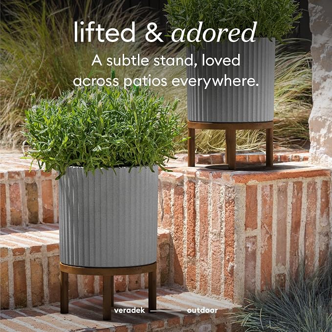 Veradek Demi Series Round Planter w/ Stand for Porch/Patio | Durable Plastic-Concrete & Wooden Stand | Modern Décor for Tall Plants, Flowers