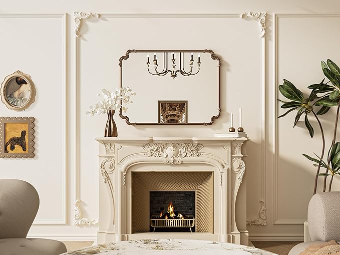 TETOTE Baroque Gold Antique Brass Rectangle Scroll Wall Mirror 40 x 30 Vintage Rounded Corner Framed Baroque French Rectangular Mirror for Mantle Fireplace Bathroom Living Room, Horizontal/Vertical