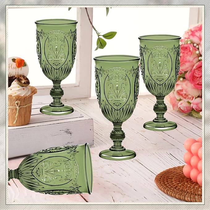 24 Pcs Plastic Goblets 7.5oz Vintage Goblet Plastic Wine Glasses Colored Retro Embossed Water Goblets for Wine Bar Juice Baby Shower Wedding Reception Grand Event Party (Olive Green)